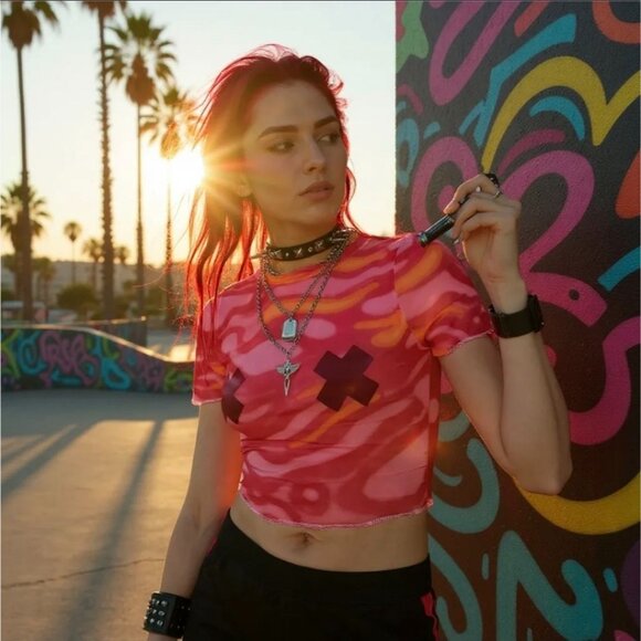 Pink Lava Feral Tiger Mesh Crop Top by Ivy Berlin – Edgy Festival Statement S - Picture 3 of 3